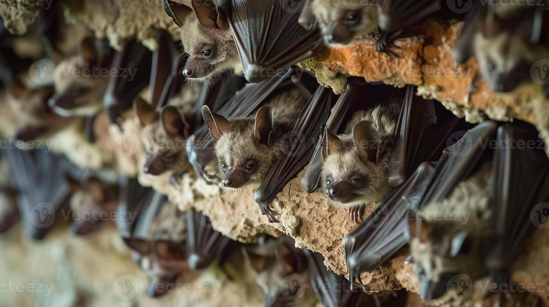 Colony of bats hanging in cave photo