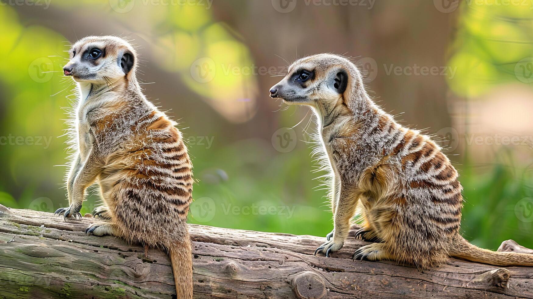 Meerkats on a log in nature photo