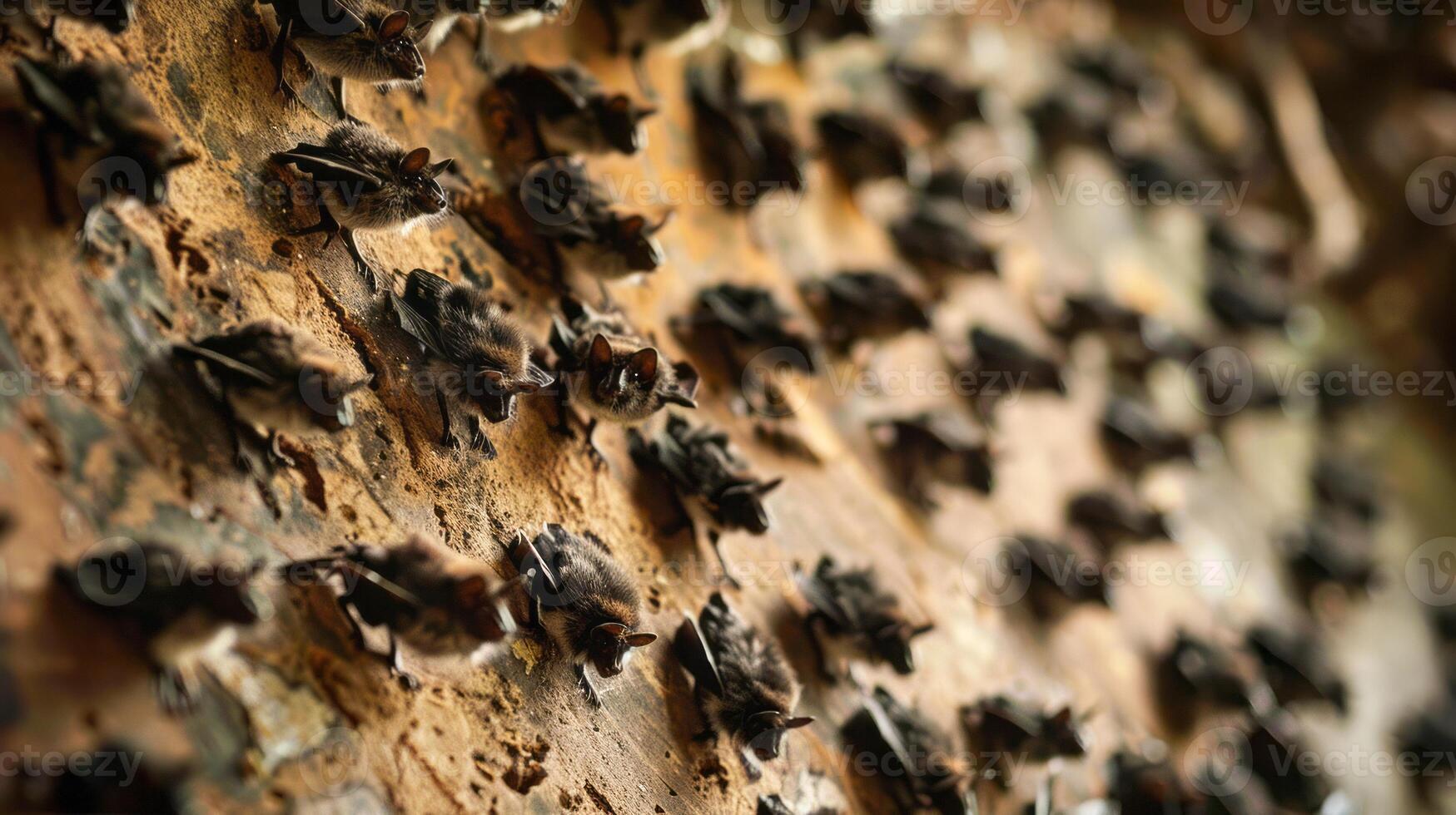 Bats hanging on rocky cave wall photo