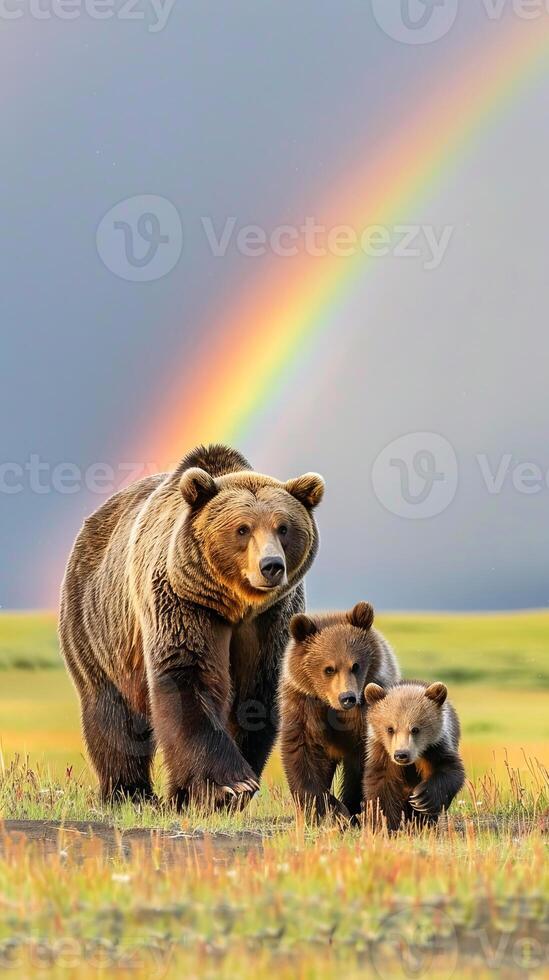 Protective Bear Family with Rainbow Overhead photo