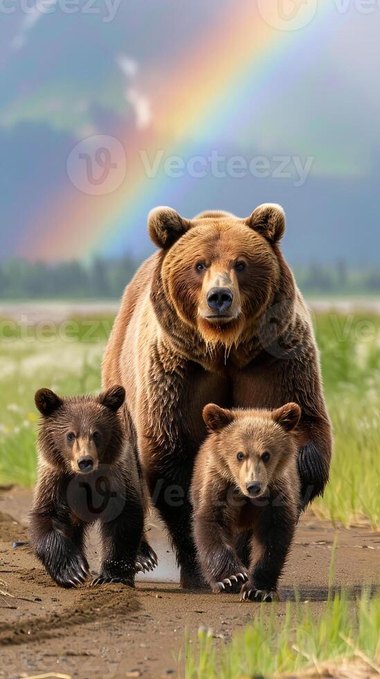 Grizzly Bear Family Walking Under a Vibrant Rainbow photo