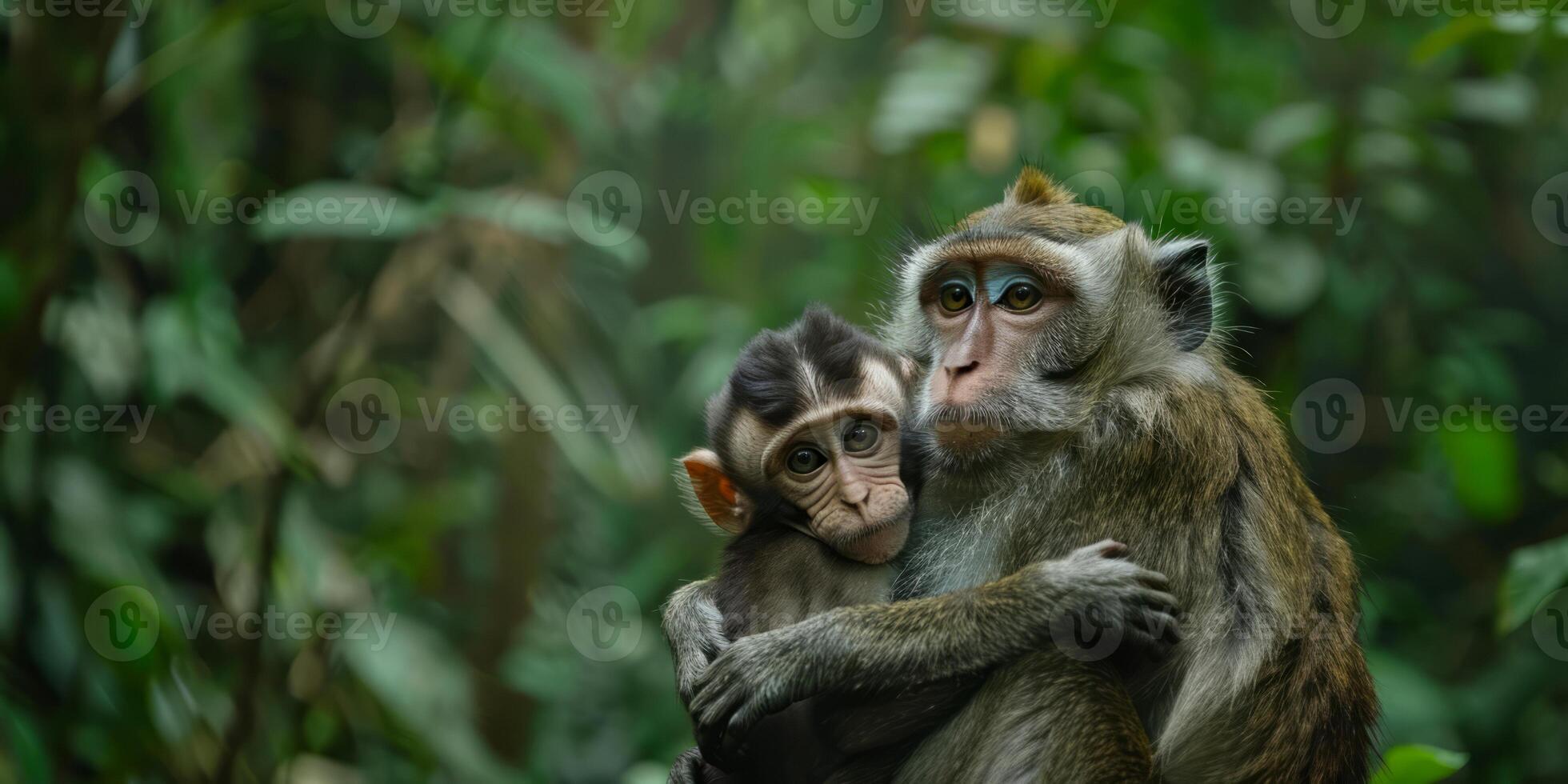Mother macaque and baby resting in lush forest environment photo