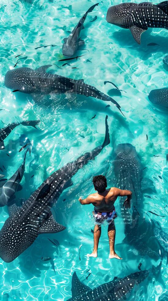 Swimming among whale sharks in tropical paradise photo