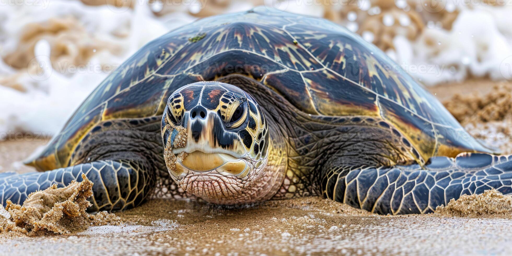 Sea turtle with sand-covered face on shore near ocean waves photo