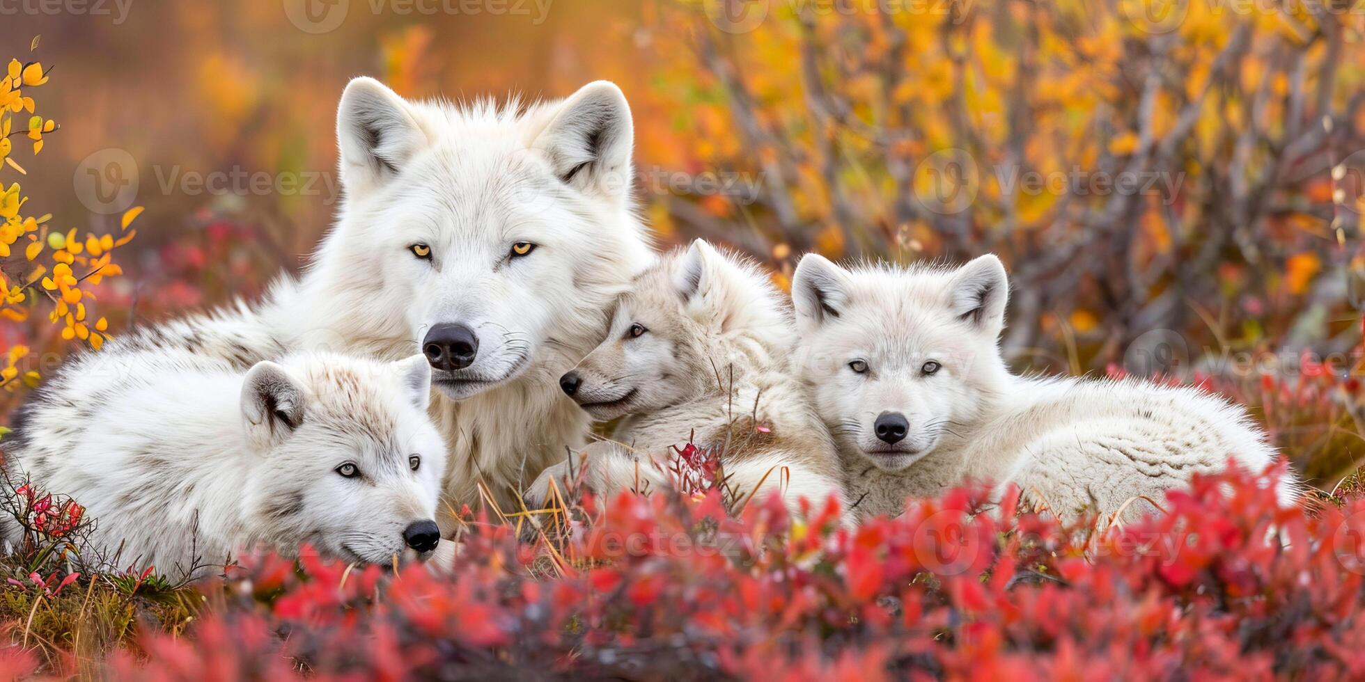 Arctic wolf family in colorful autumn tundra photo
