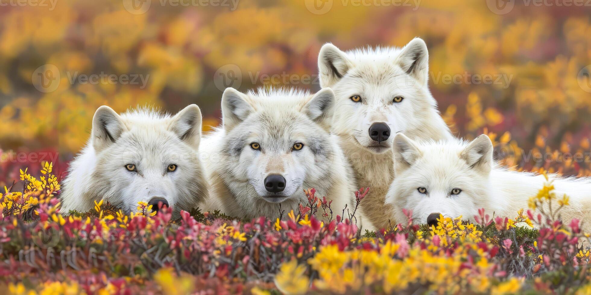 Four Arctic wolves resting in vibrant autumn foliage photo