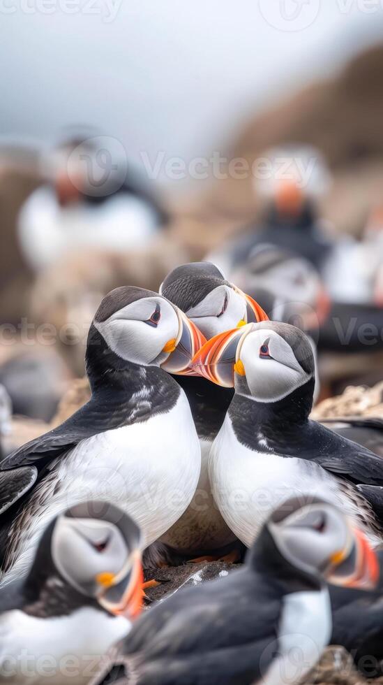 Group of Atlantic puffins socializing on rocks photo
