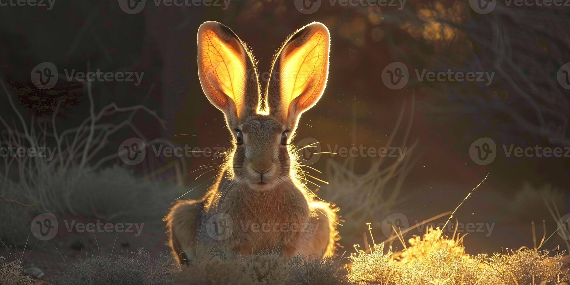 Jackrabbit Staring Forward with Glowing Ears at Sunset photo