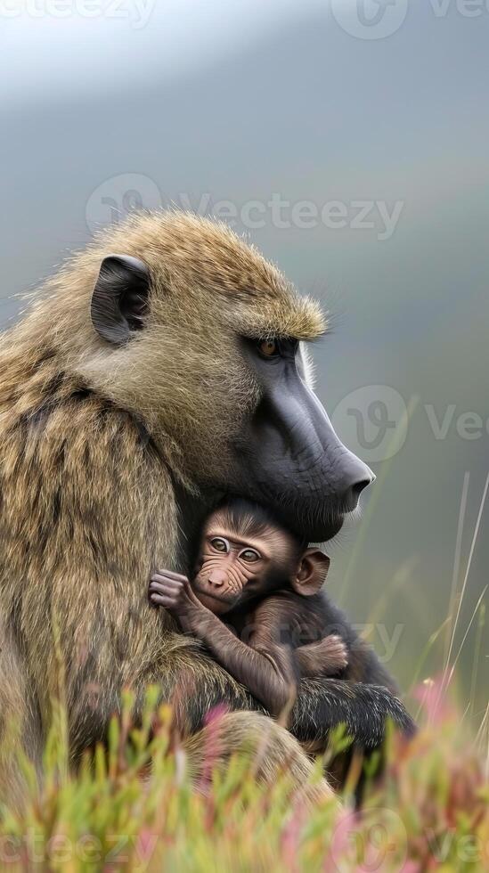 Mother mandrill embracing baby in natural habitat photo