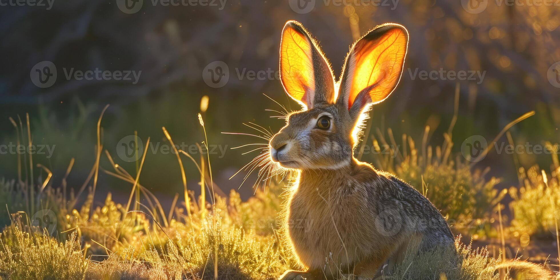 Jackrabbit Sitting in Sunlit Grass at Sunset photo