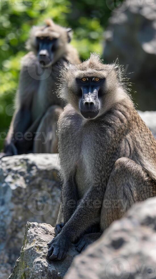 Mandrills resting on large rocks in natural habitat photo