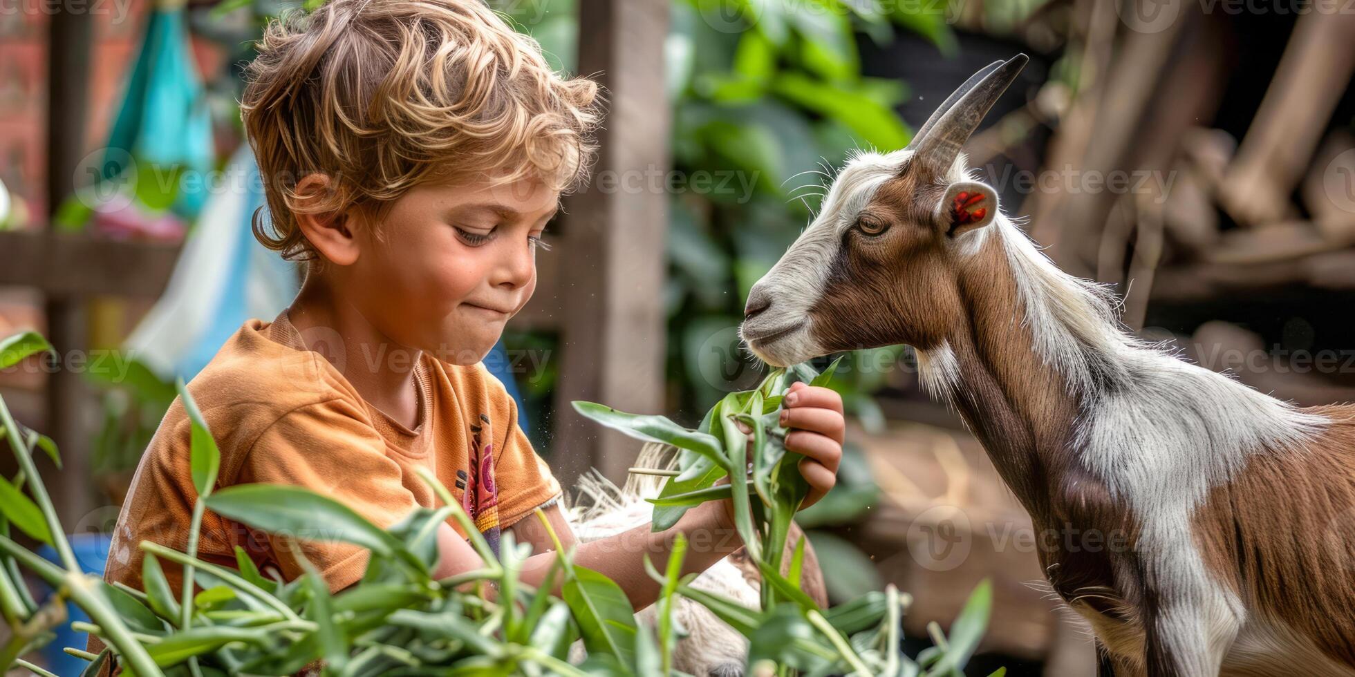 Boy feeding a goat in rustic farm setting photo