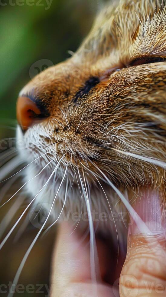 Side profile of cat enjoying chin rub with eyes closed photo