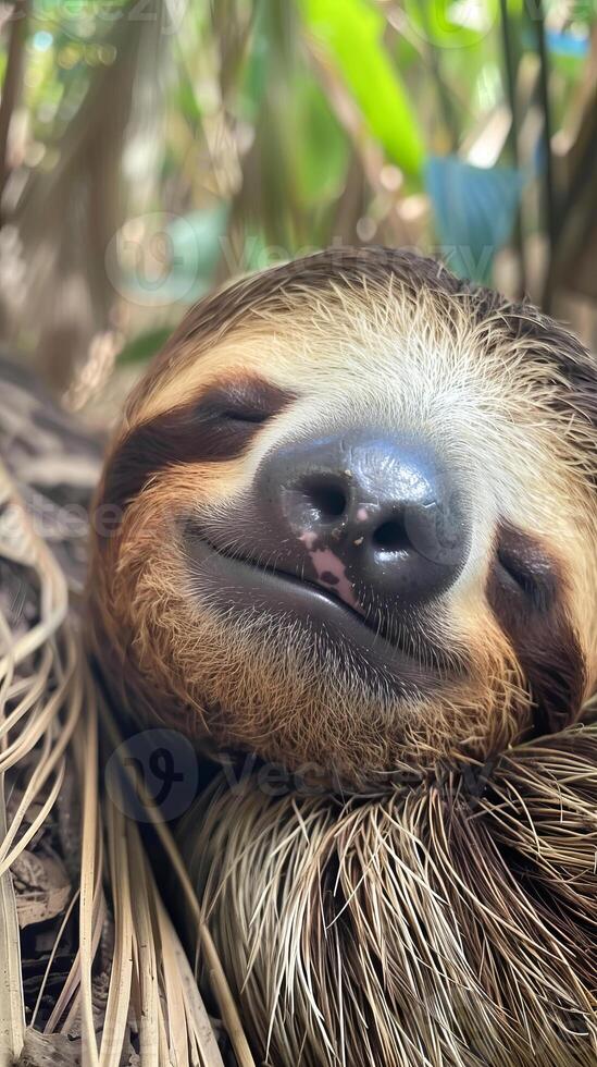 Sloth resting with closed eyes in tropical forest photo