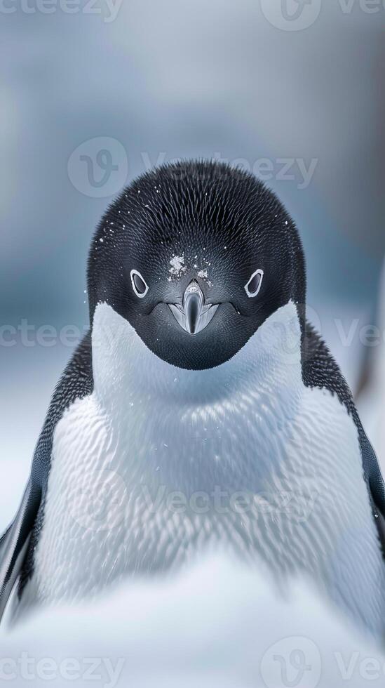Detailed close-up of an Adelie penguin's face with snowflakes photo