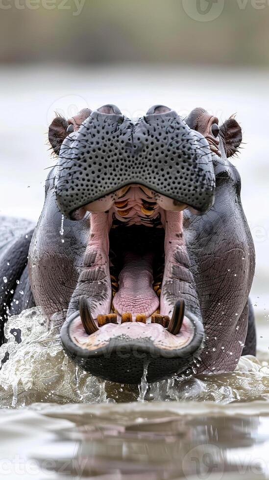 Close-up of hippopotamus in water with mouth wide open photo