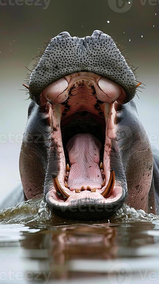 Intense close-up of a hippo yawning in the water photo