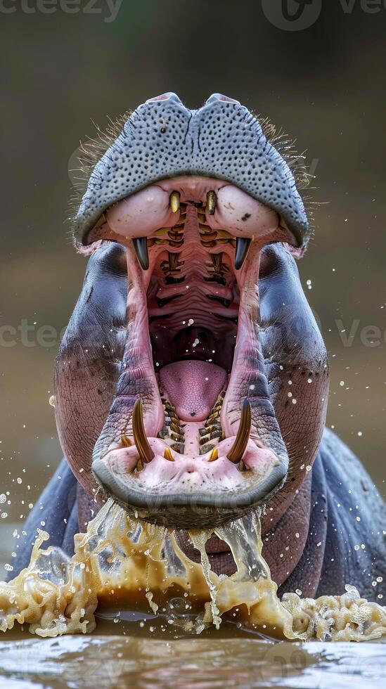 Yawning hippopotamus in river, showing teeth and tongue photo