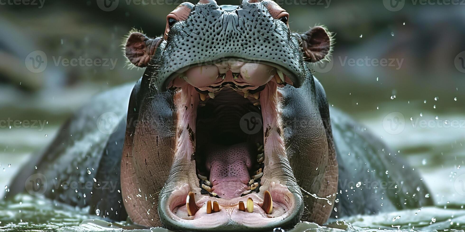 Angry hippo with wide open mouth in the river photo