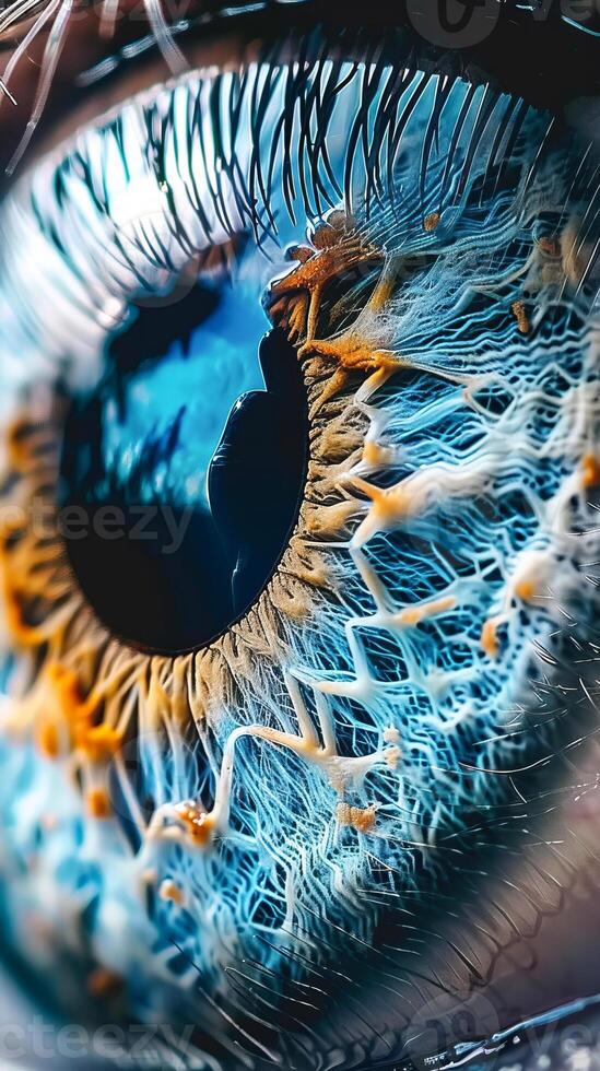 Extreme close-up of a colorful animal eye with intricate details photo