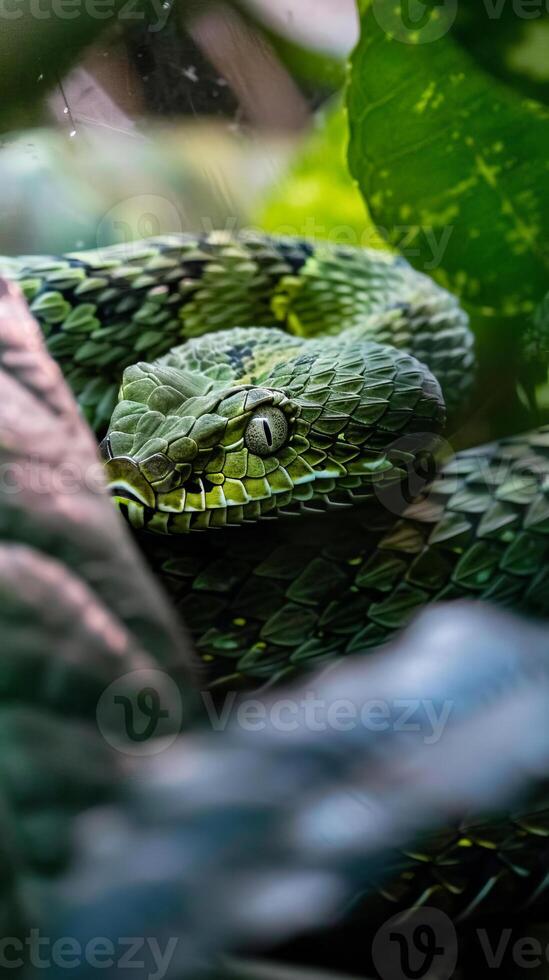 Coiled Green Snake with Piercing Eyes in Lush Environment photo