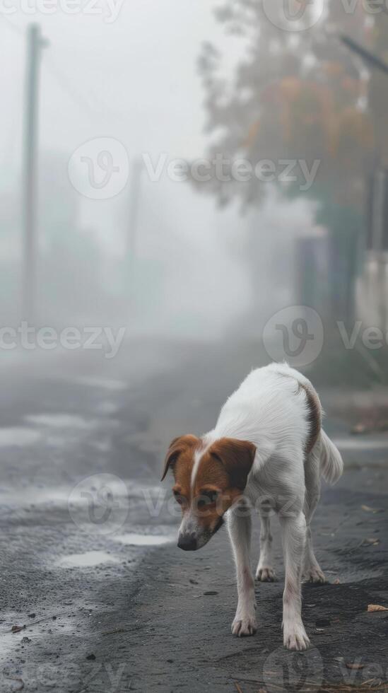 Dog walking on a foggy street photo