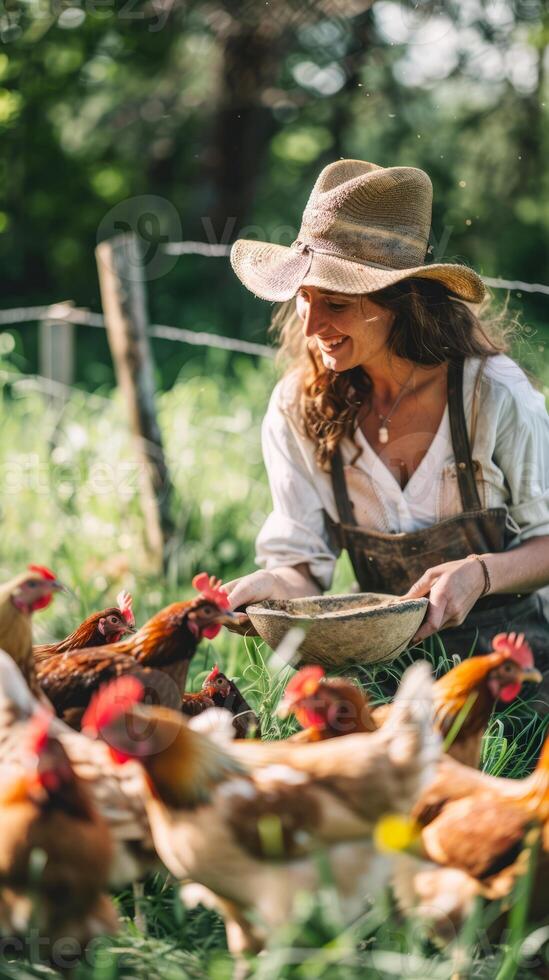 Female farmer tending to chickens on an autumn day photo