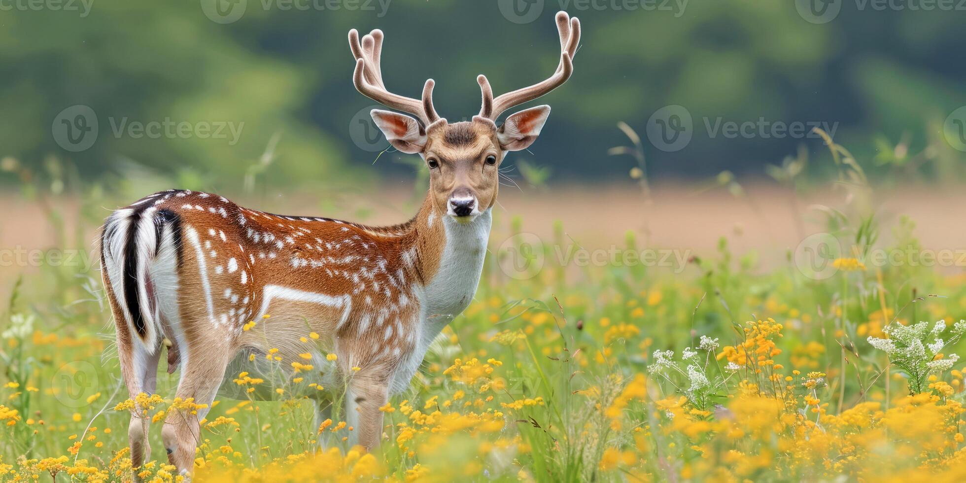 Majestic Deer with Antlers Walking through Flowery Field photo