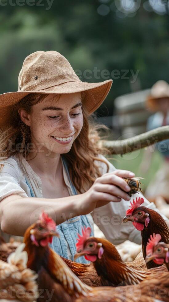 Young woman feeding chickens on a farm, close-up with smile photo