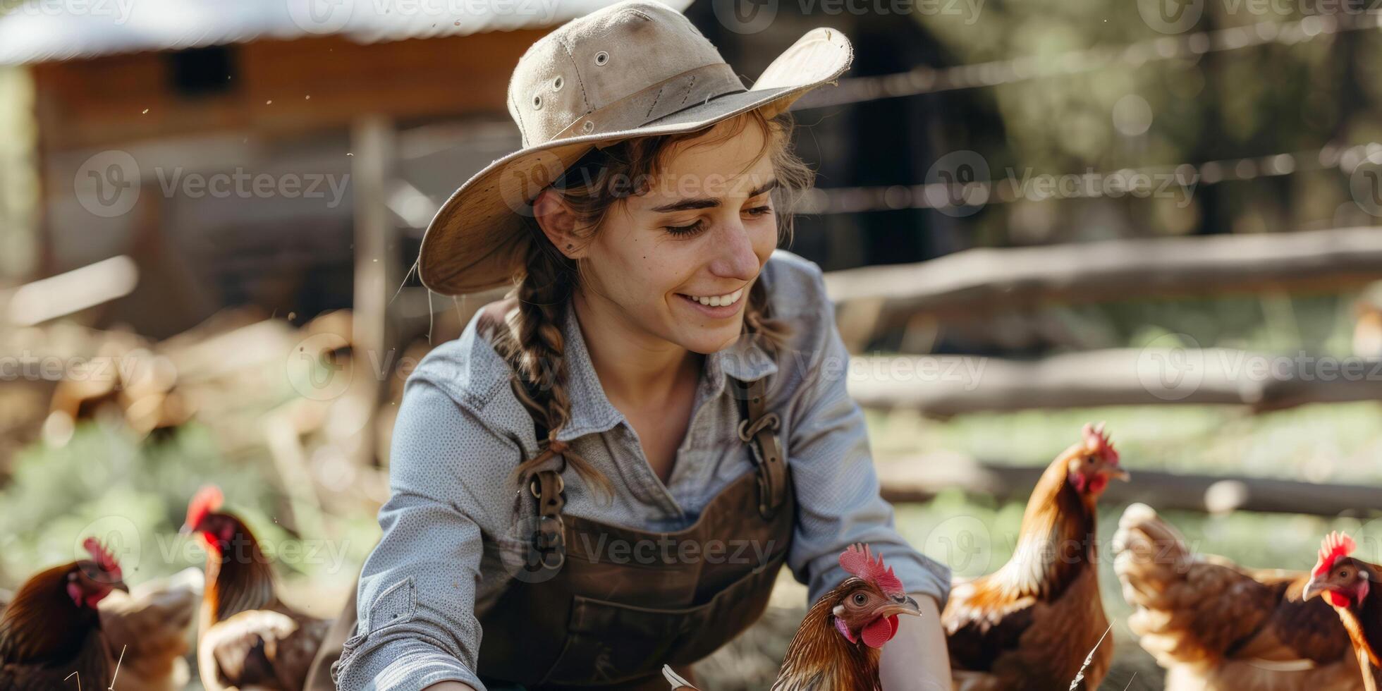 Female farmer tending to chickens on a sunny farm photo