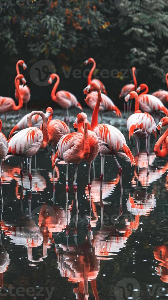 Flamingos in a pond with reflections, surrounded by trees photo