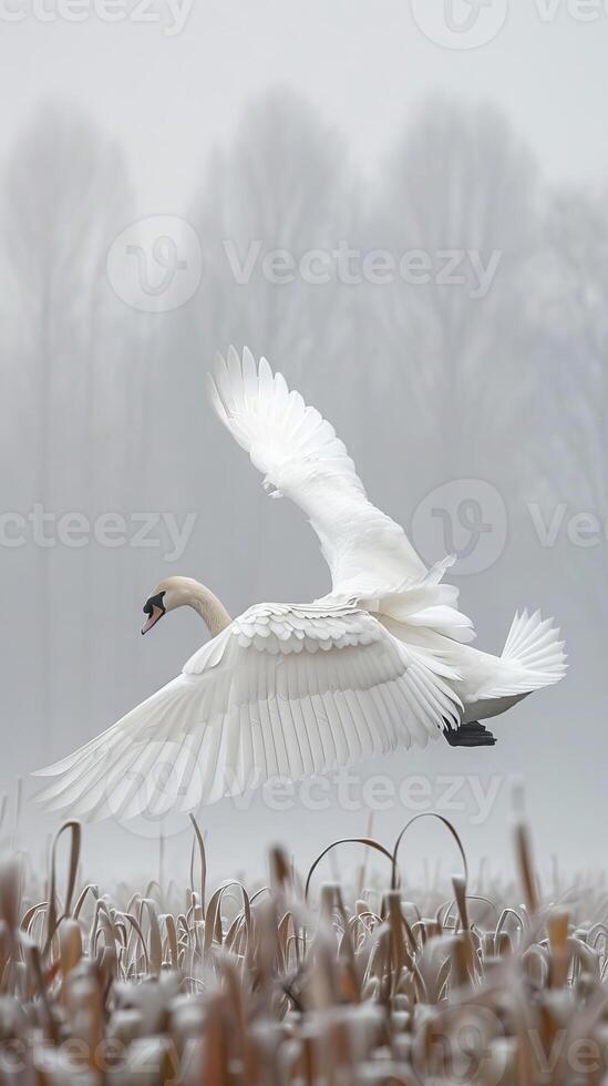 Graceful swan in flight over a misty wetland photo
