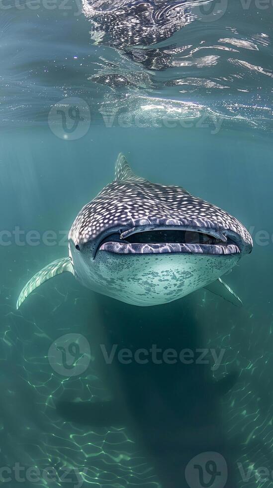 Whale shark swimming in clear blue ocean waters photo