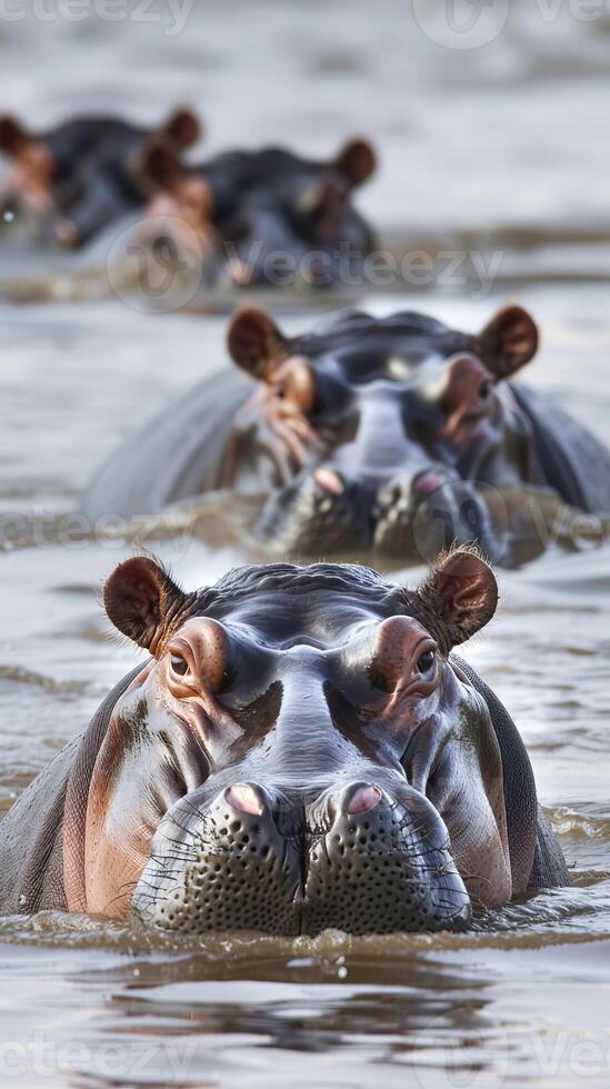 Line of hippos swimming in river photo