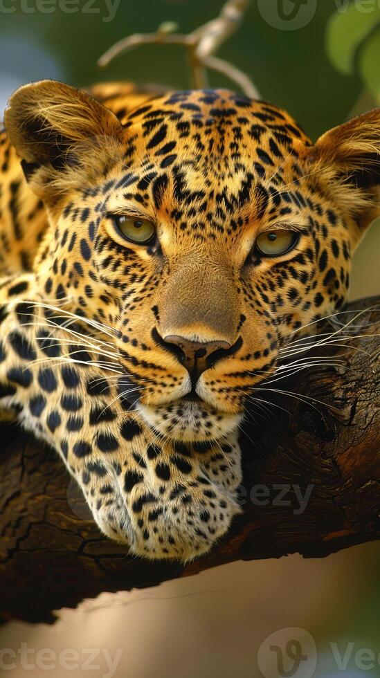 Leopard resting on a tree branch in the African savanna photo