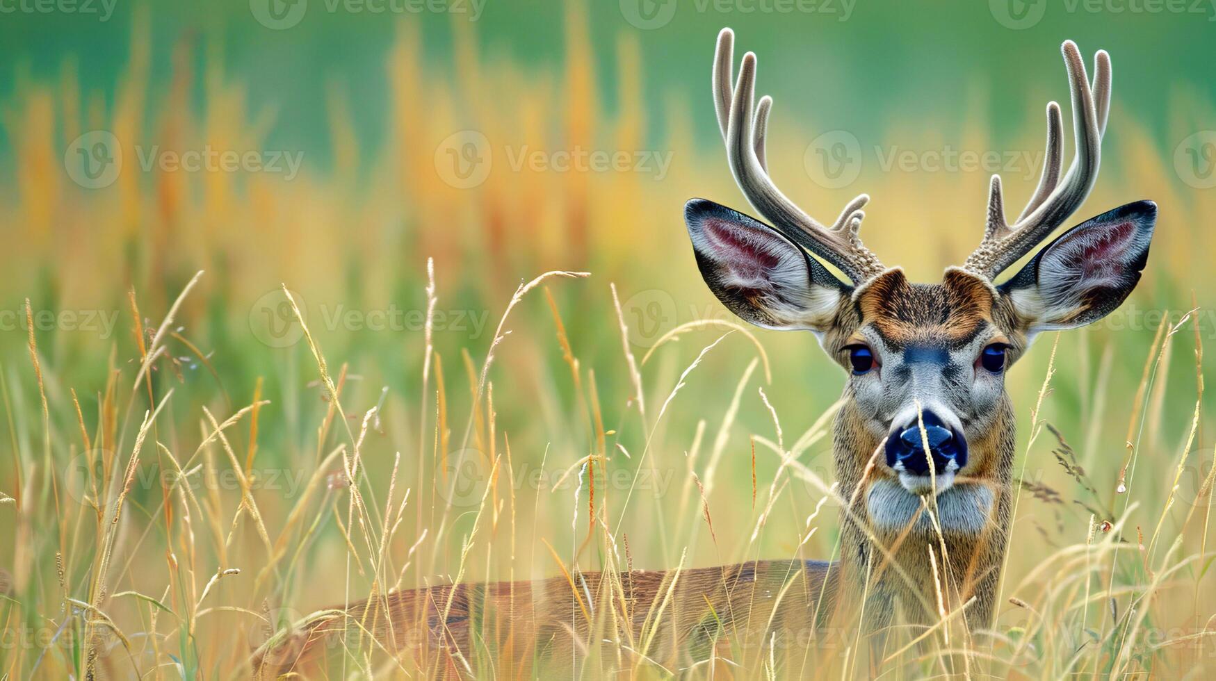Majestic buck deer peering through tall grass in golden meadow photo