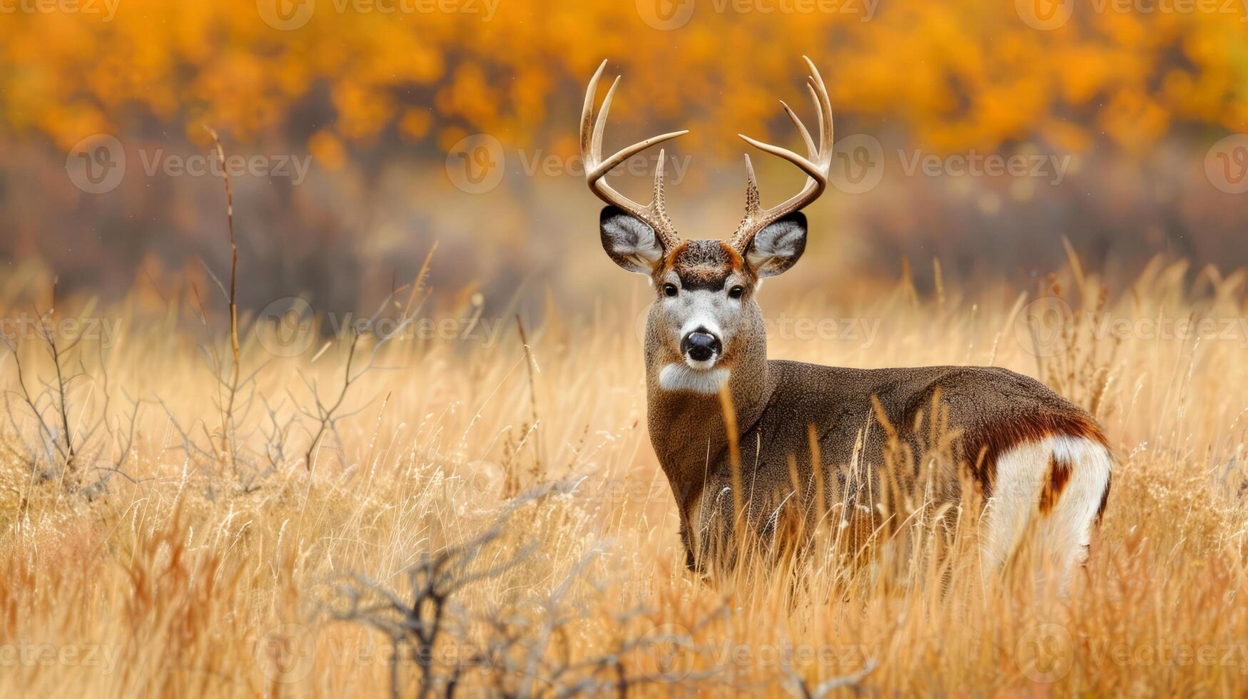 Majestic whitetail buck in autumn field, golden light wildlife portrait photo