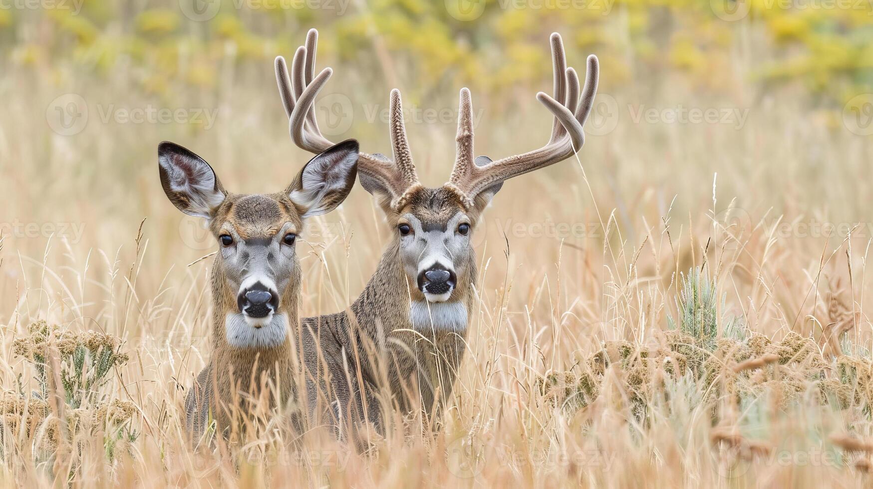 Pair of white-tailed deer in tall grass during autumn photo