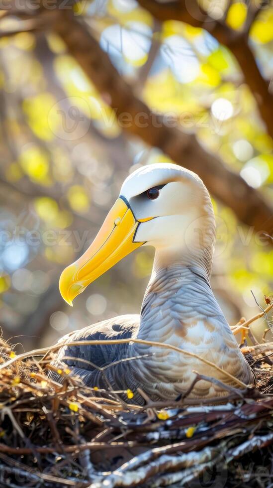 Nesting albatross in natural habitat, close-up side profile photo