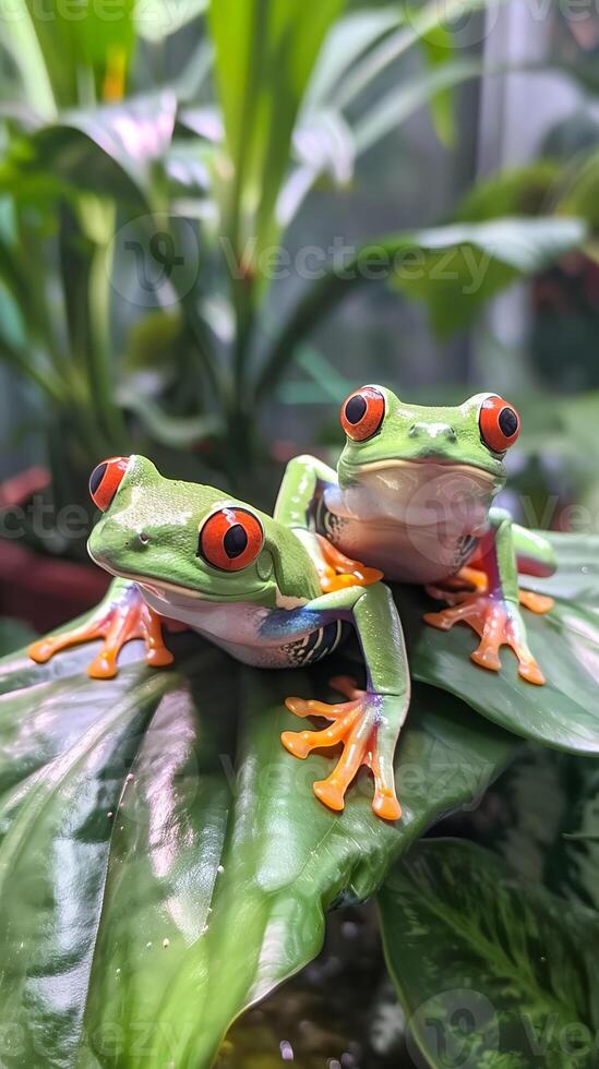 Two red-eyed tree frogs perched on tropical leaves photo