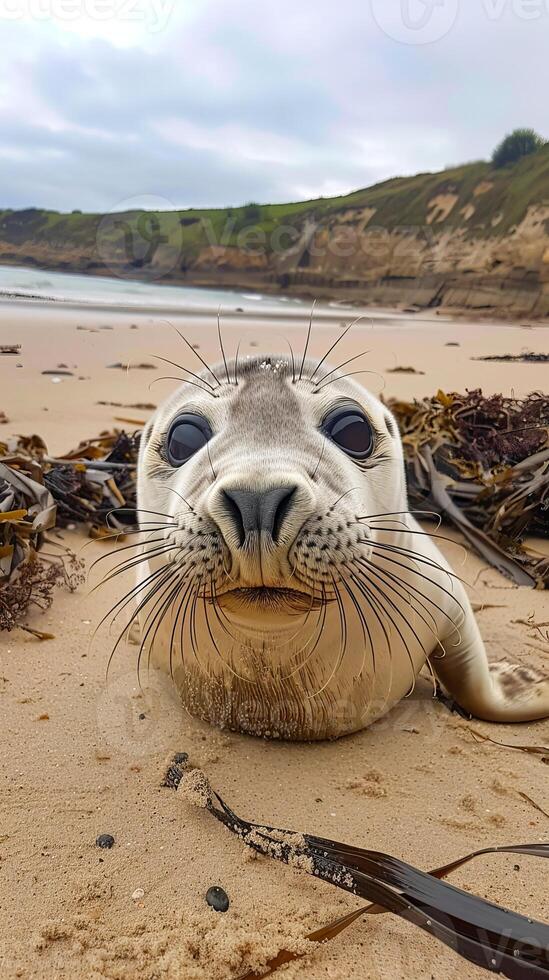 Baby seal on sandy beach with seaweed photo