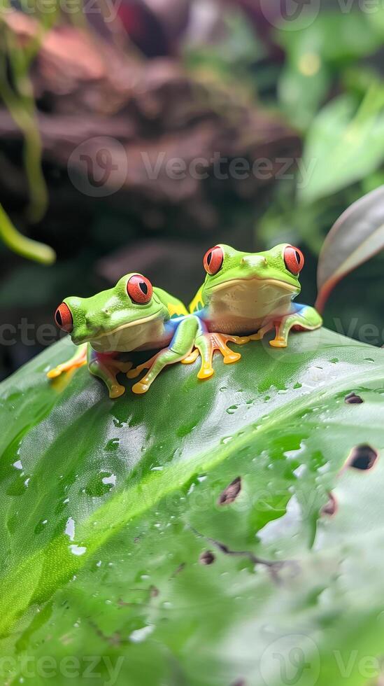 Pair of red-eyed tree frogs on a lush green leaf photo