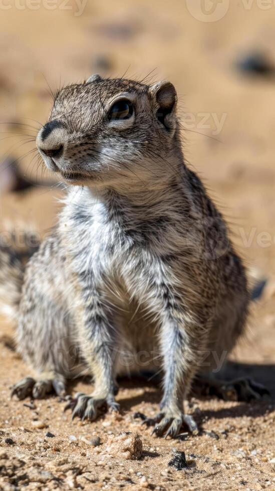 Close-up of ground squirrel sitting on sand, looking alert photo