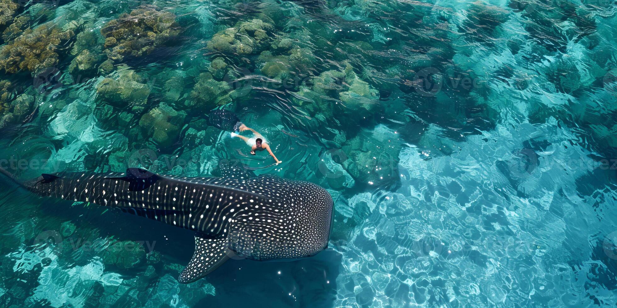 Snorkeler swimming with massive whale shark in crystal clear water photo