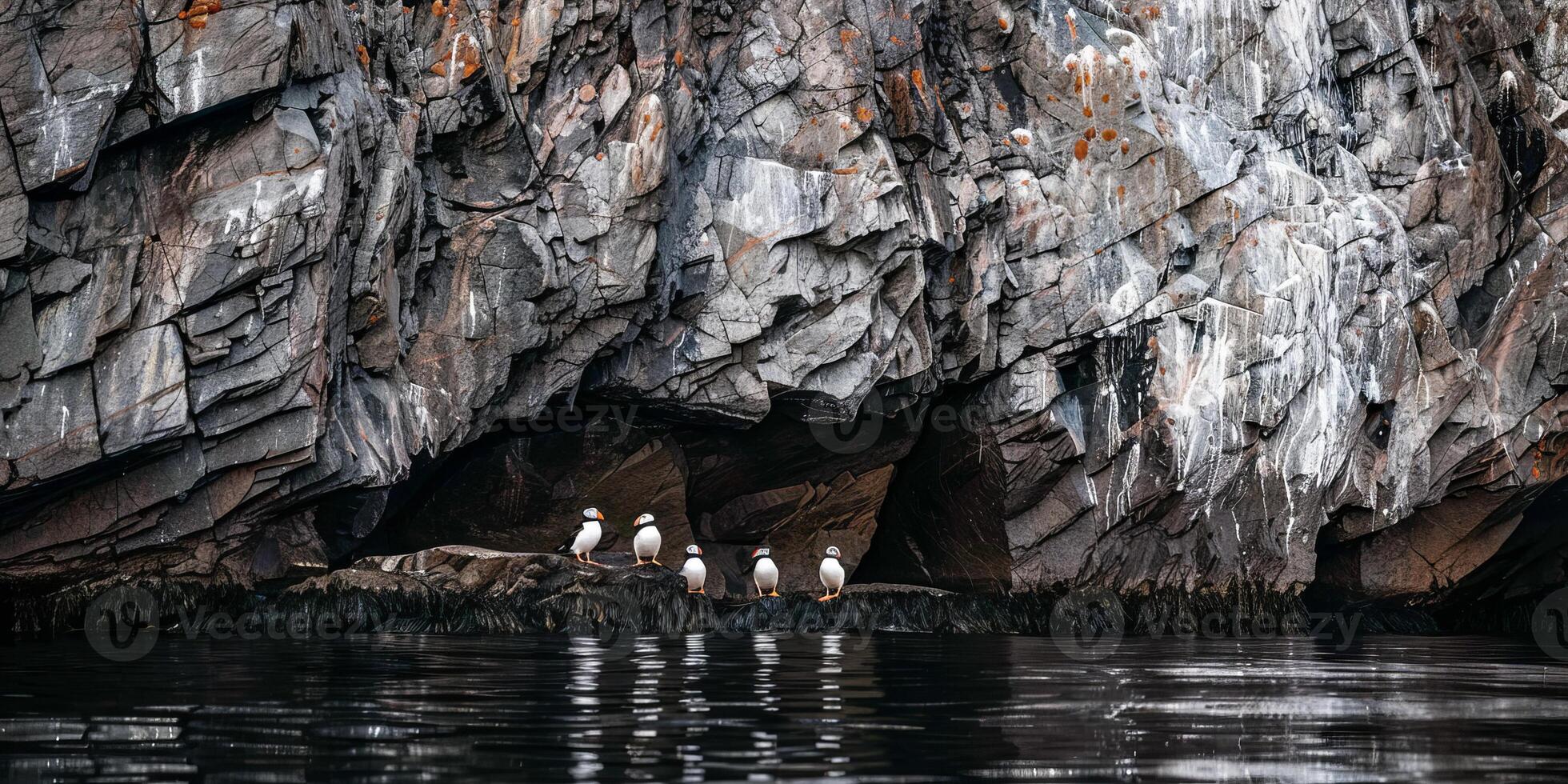 Puffins standing at entrance of large rocky cave photo