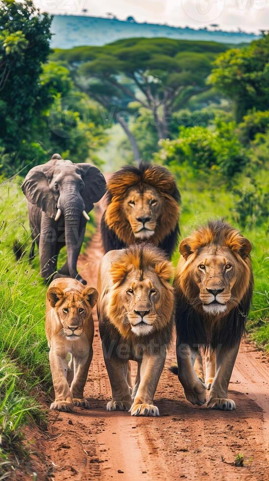 Majestic lions and elephants walking together photo