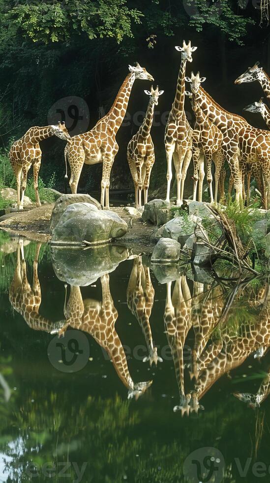 Giraffes reflecting in water at zoo with lush background photo
