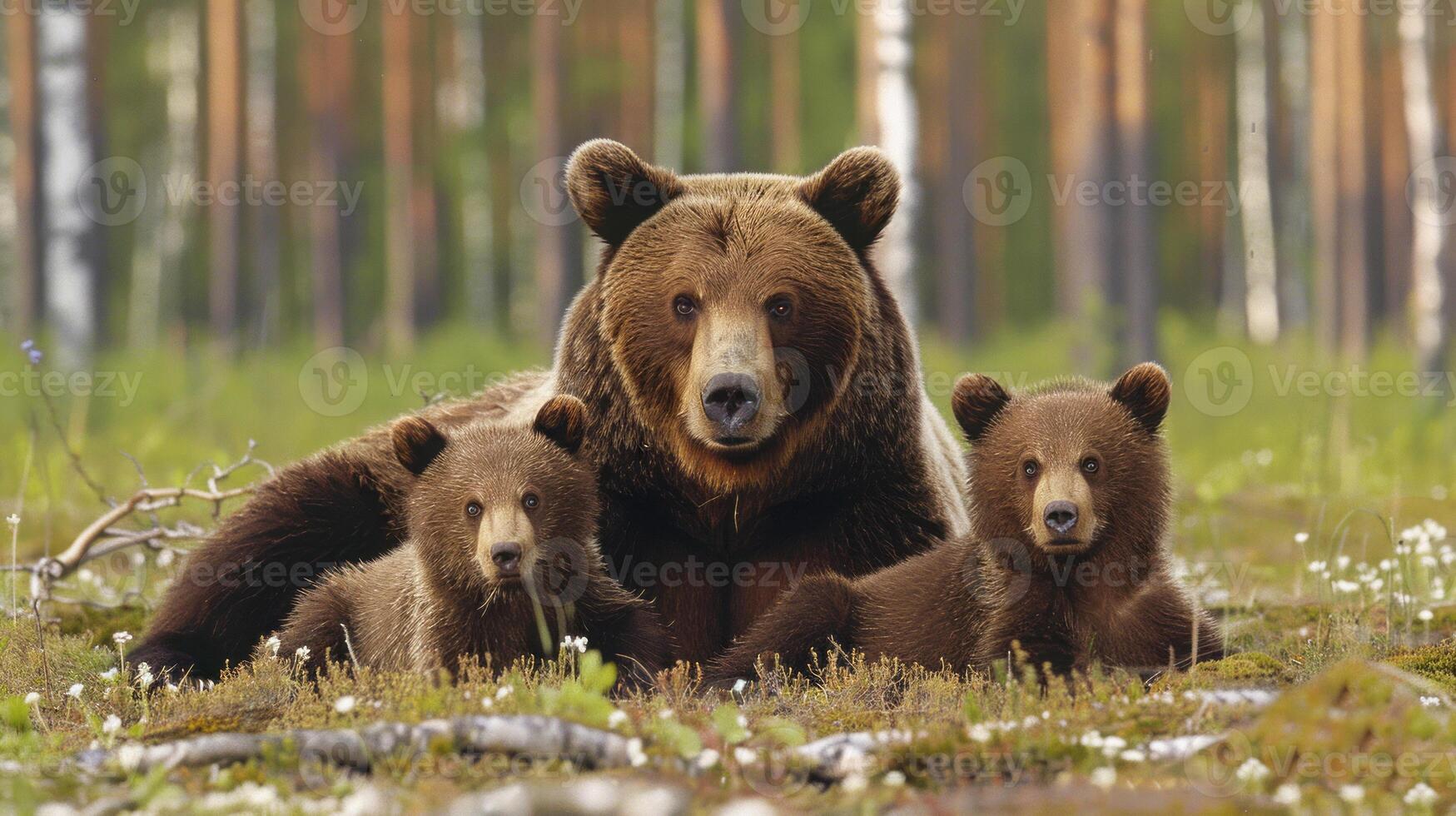 Eurasian brown bear mother resting with cubs in forest clearing photo