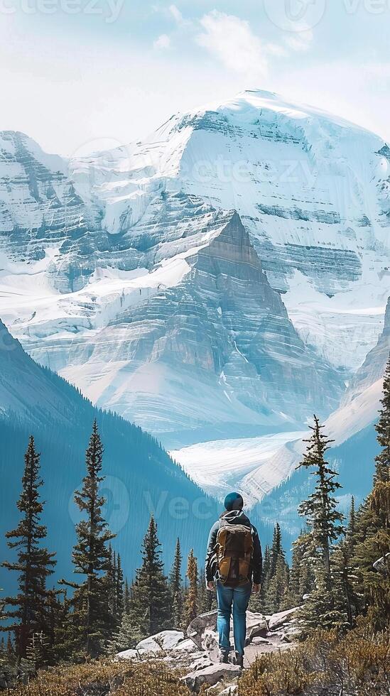 Solo hiker with backpack admiring majestic snowy peak photo