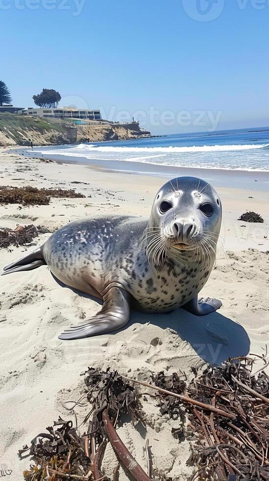 Close-up of a harbor seal on a sunny beach with ocean waves in the background photo